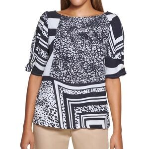 DKNY Women’s NWT Petite Printed Imitation Pearl-Trim Black and White Top size M